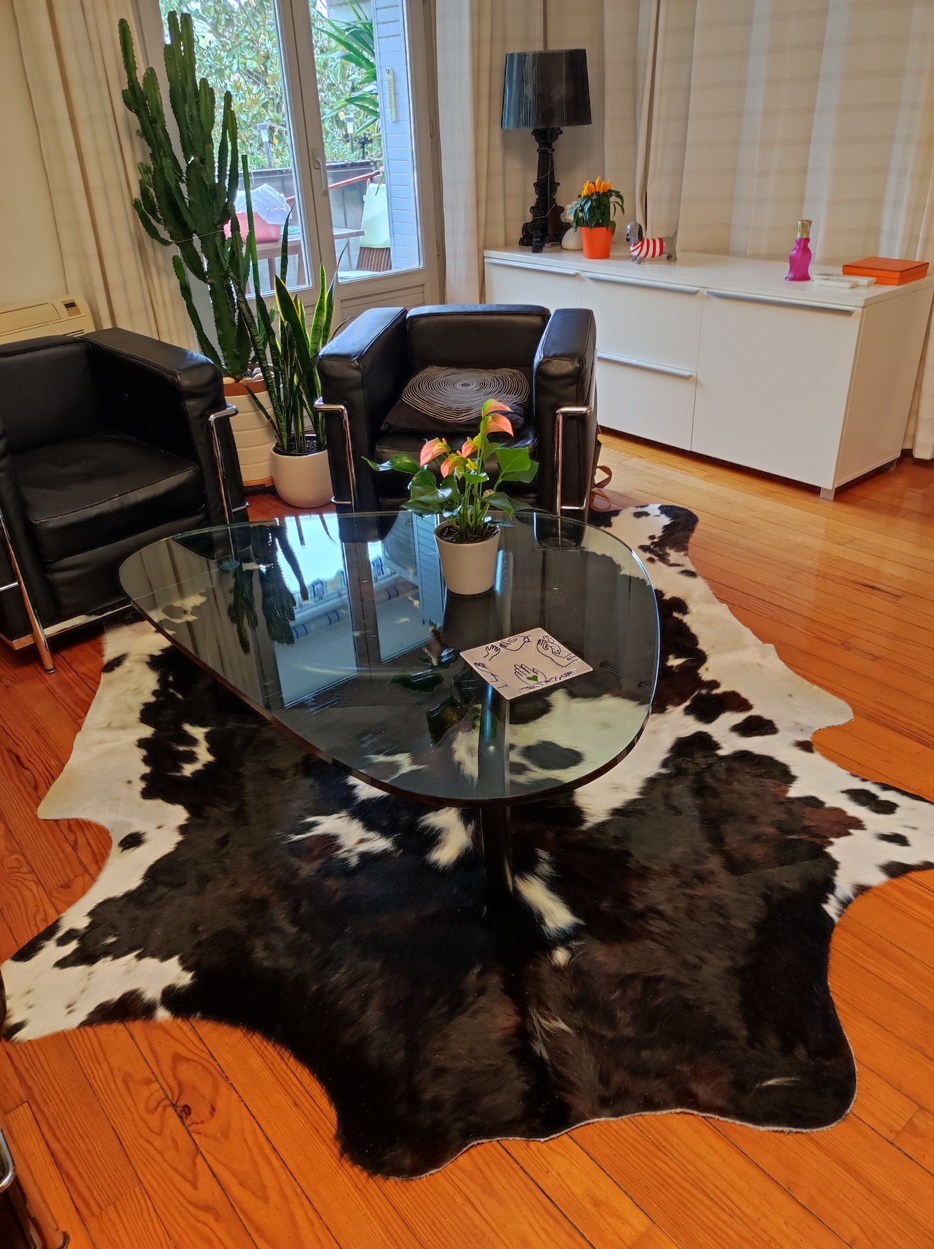 Braun-weißes Kuhfell unter einem gläsernen Couchtisch neben schwarzen Ledersitzmöbeln